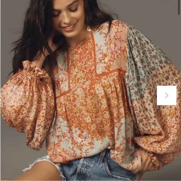 Anthropologie BInk Miranda Peasant Blouse LIGHT ORANGE Boho Floral Sz XL NEW - Picture 1 of 14